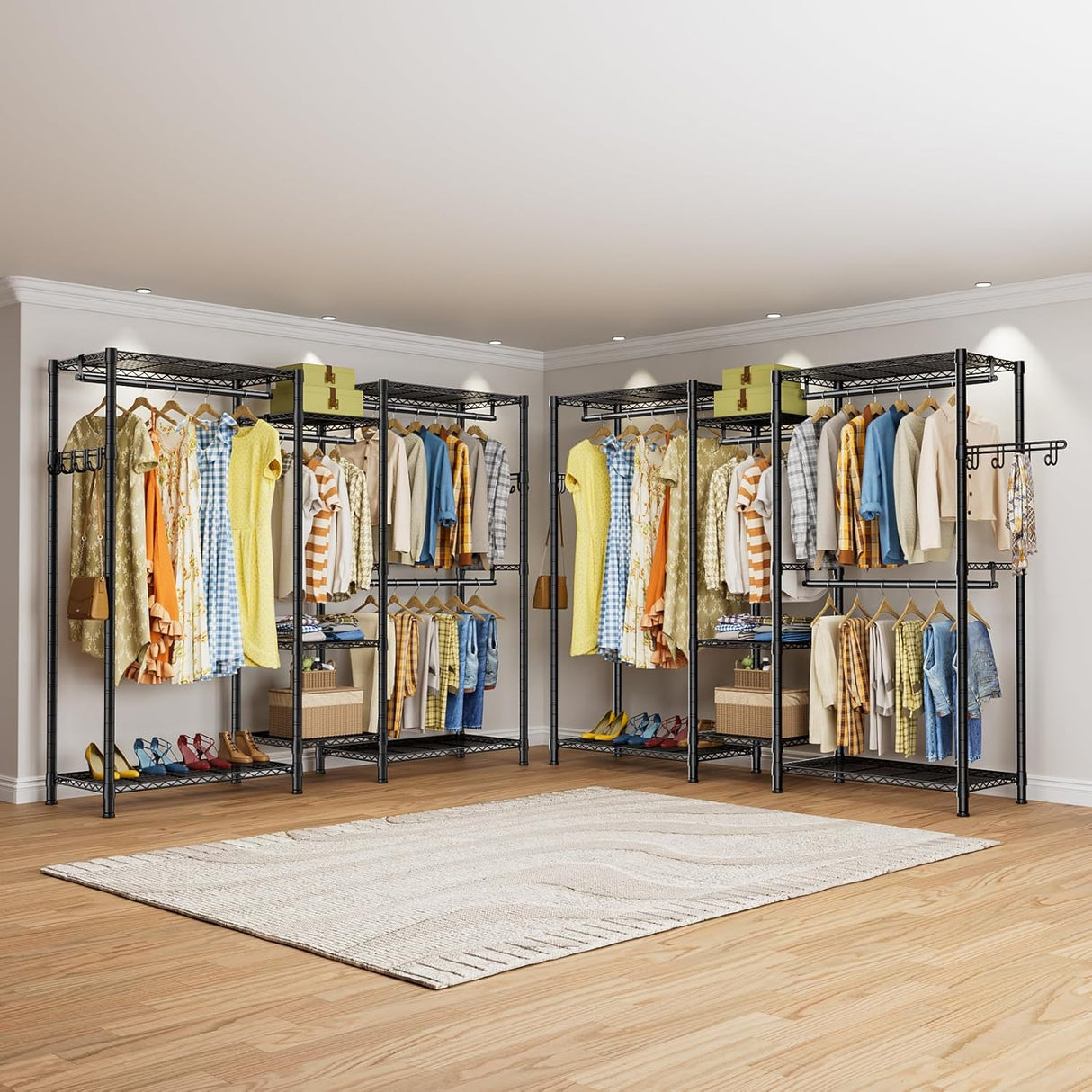 Heavy duty garment rack with five shelves and four hanging rods