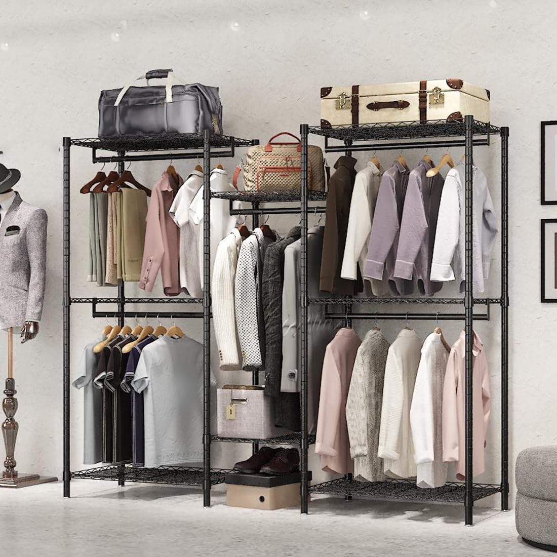 Heavy duty garment rack with five shelves and four hanging rods