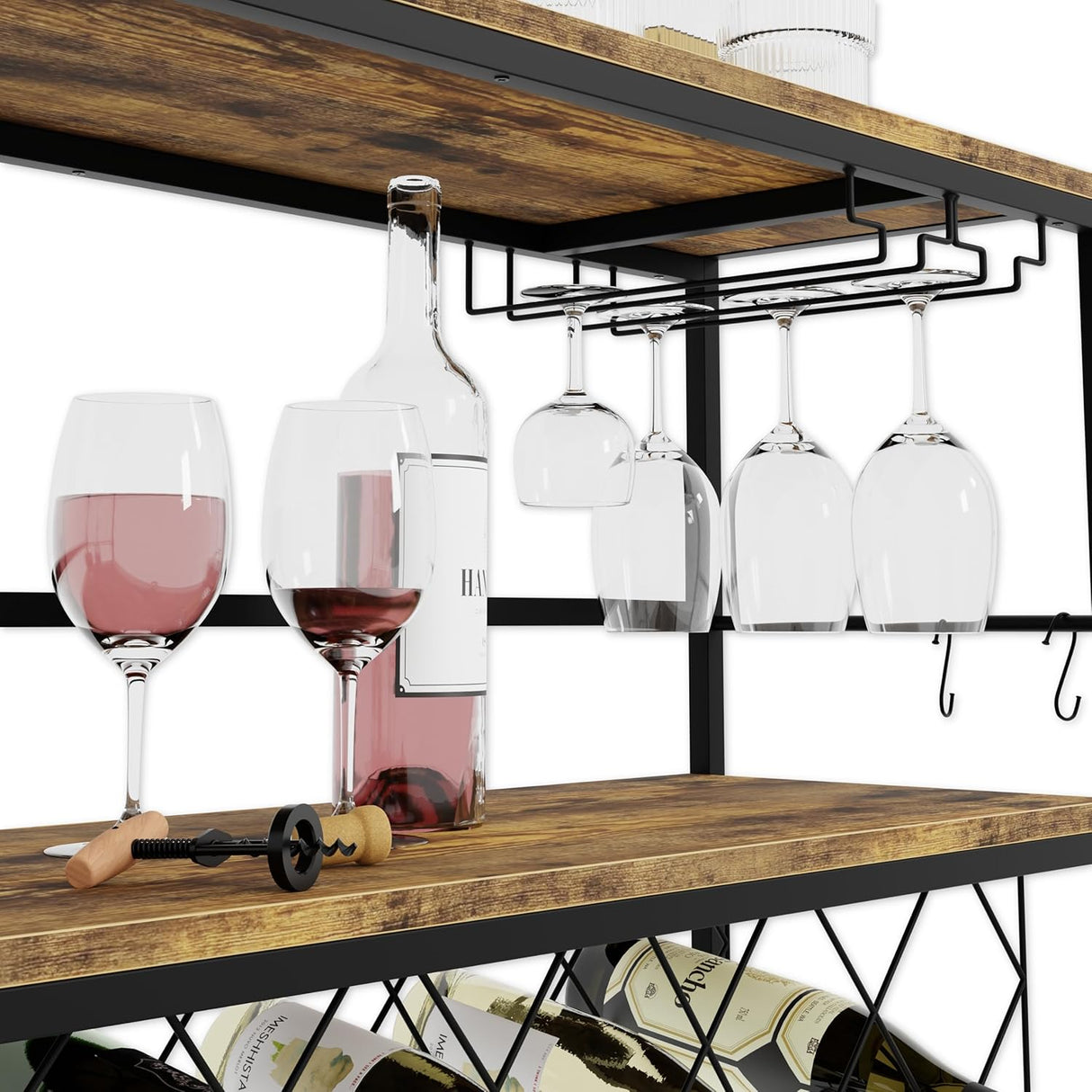 20 bottle metal and timber freestanding wine rack with glass holder