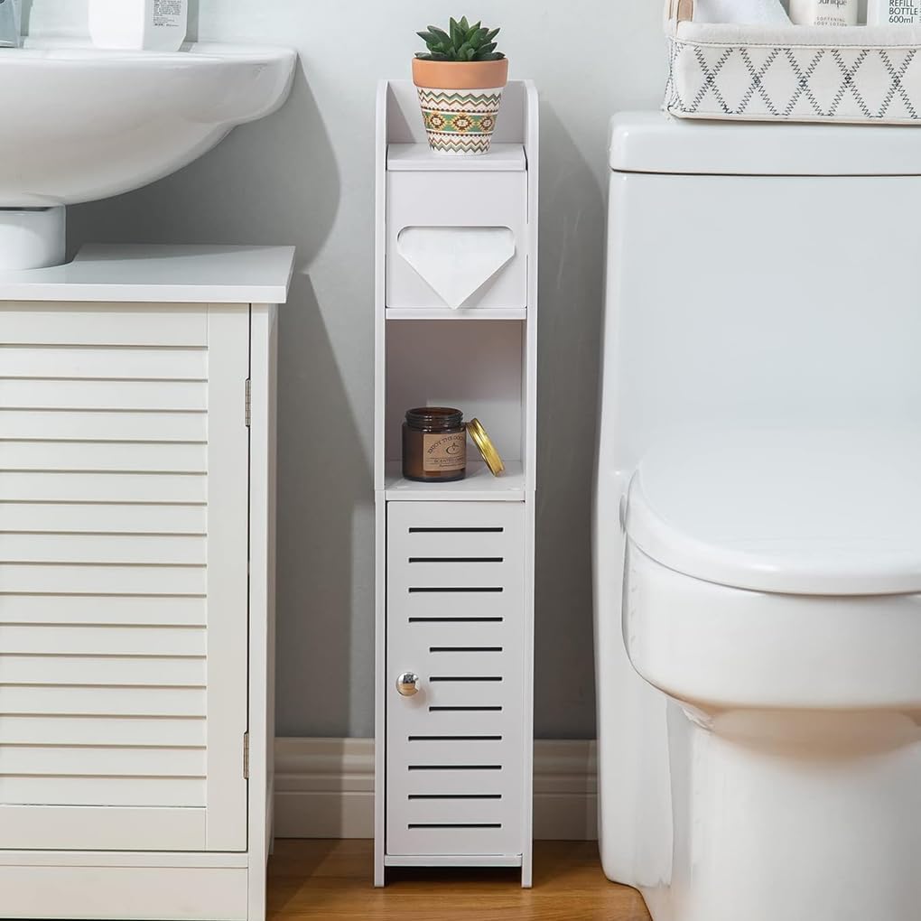 Narrow PVC bathroom cabinet standing beside a toilet in a small bathroom