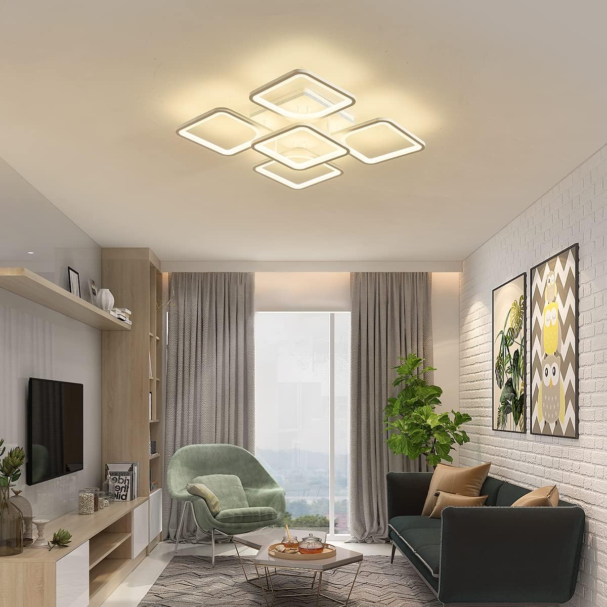 Modern LED flush mount ceiling light with remote control, 60 cm