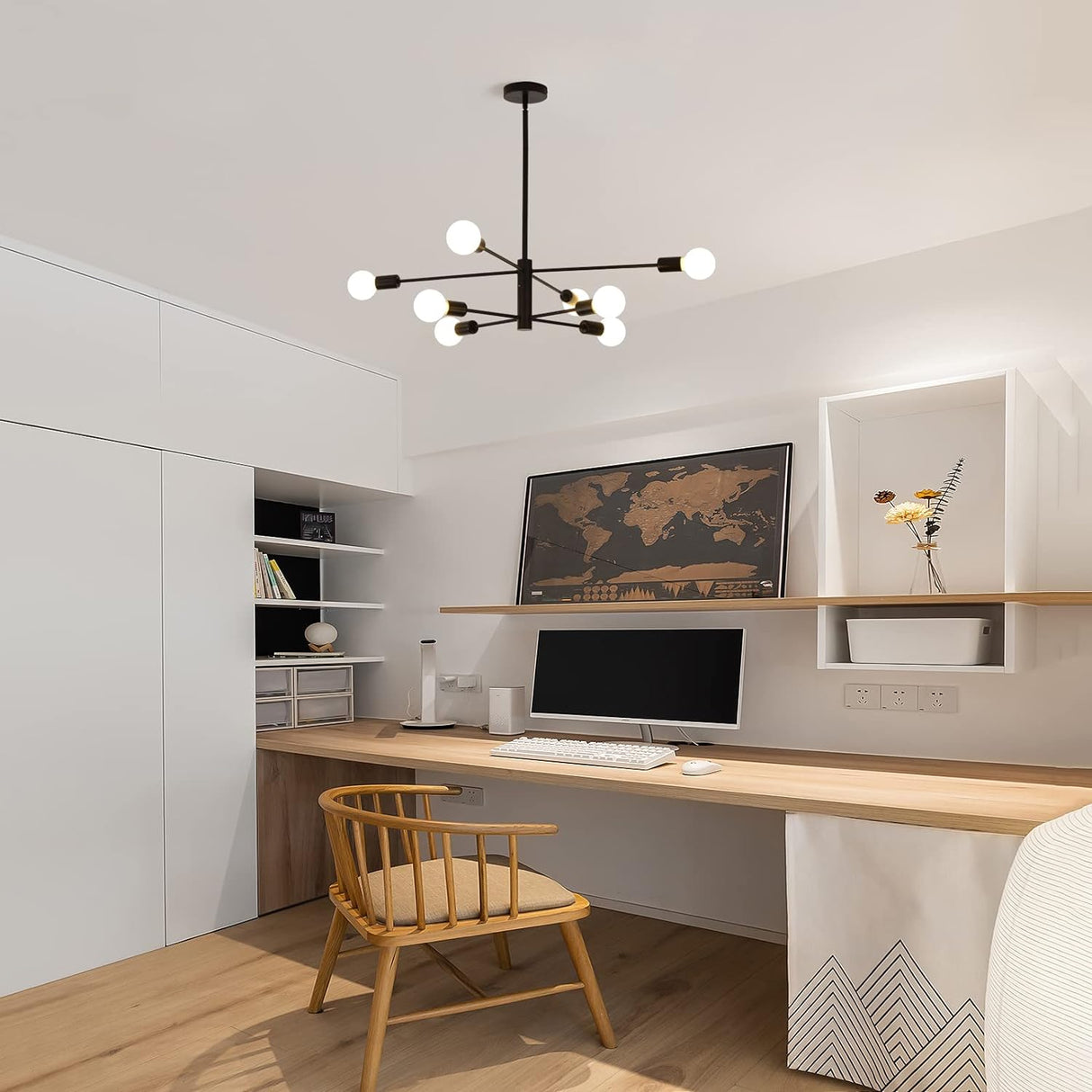 Eight light Sputnik chandelier in black and gold