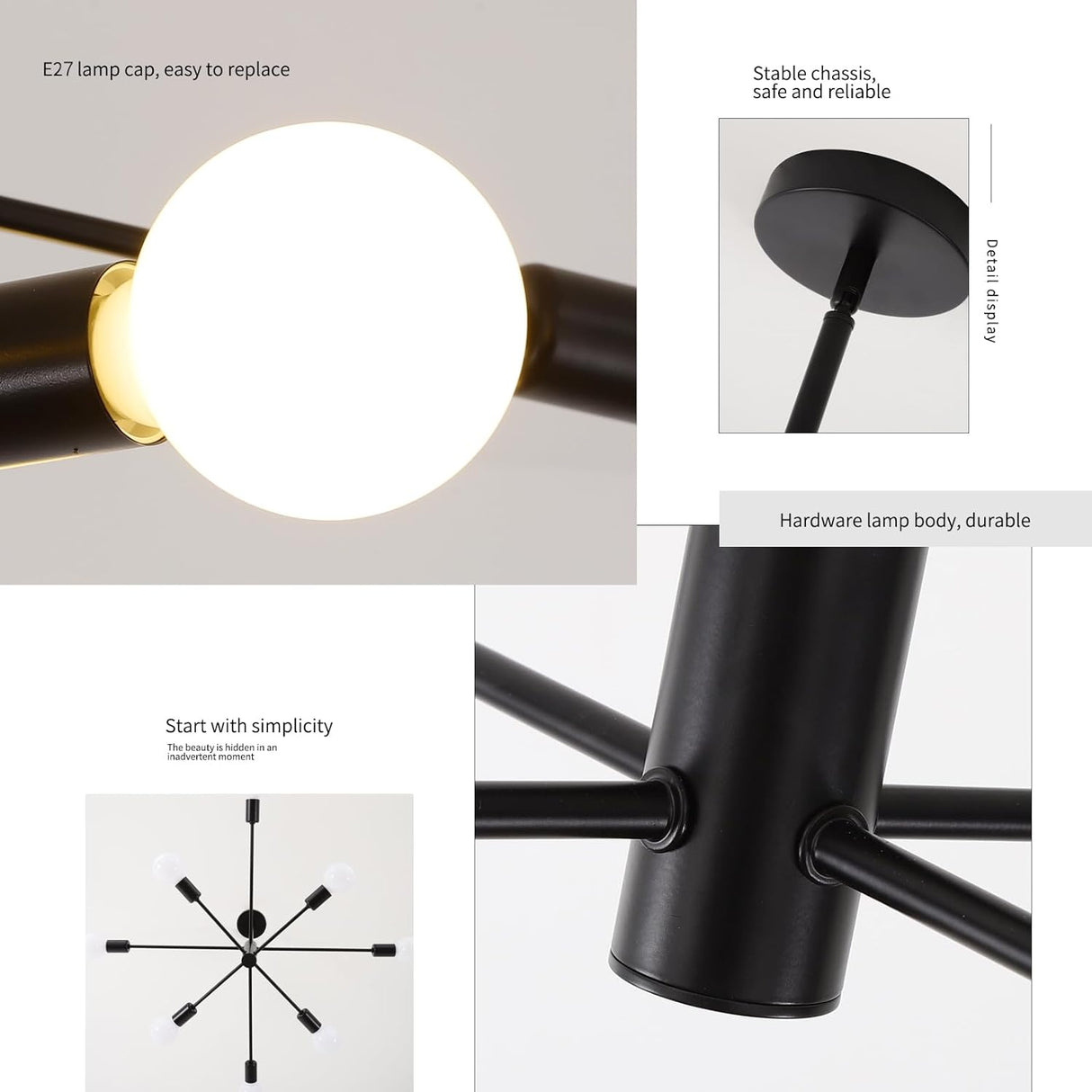 Eight light Sputnik chandelier in black and gold