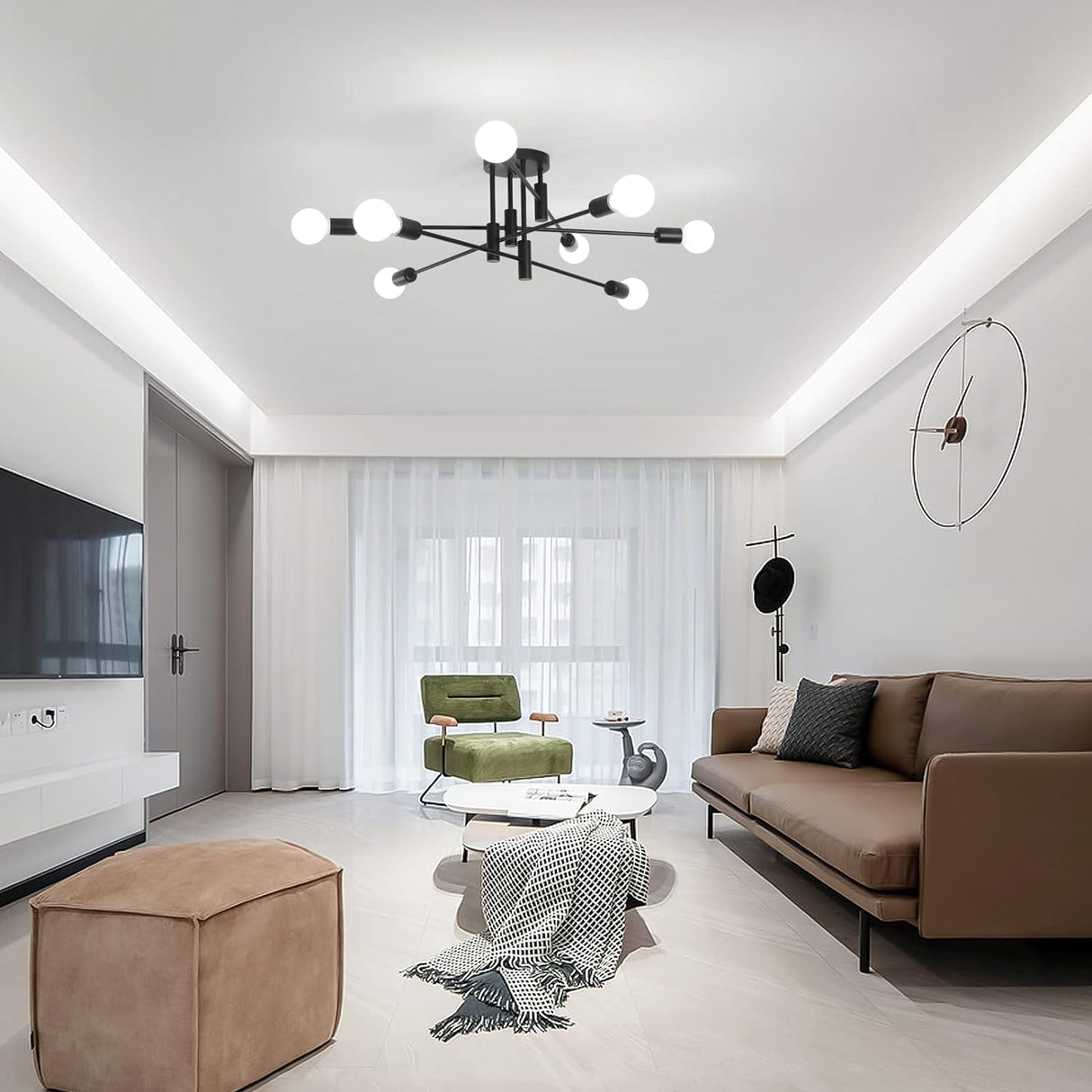 Eight light semi flush Sputnik chandelier in black