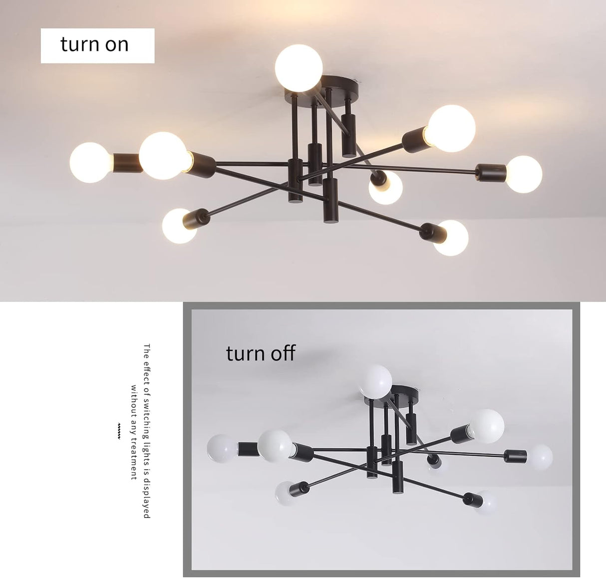 Eight light semi flush Sputnik chandelier in black