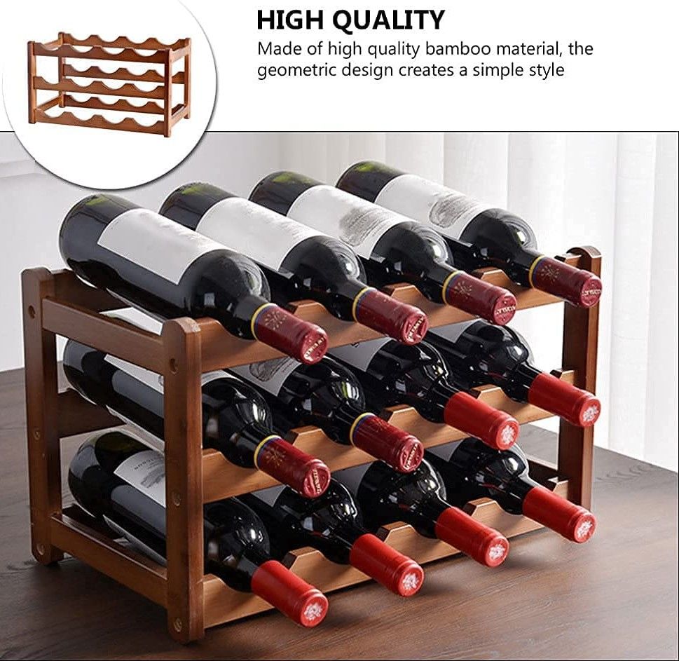 3 tier natural bamboo countertop wine rack holding 12 bottles