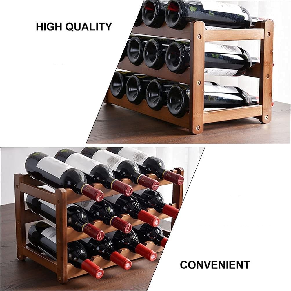 3 tier natural bamboo countertop wine rack holding 12 bottles