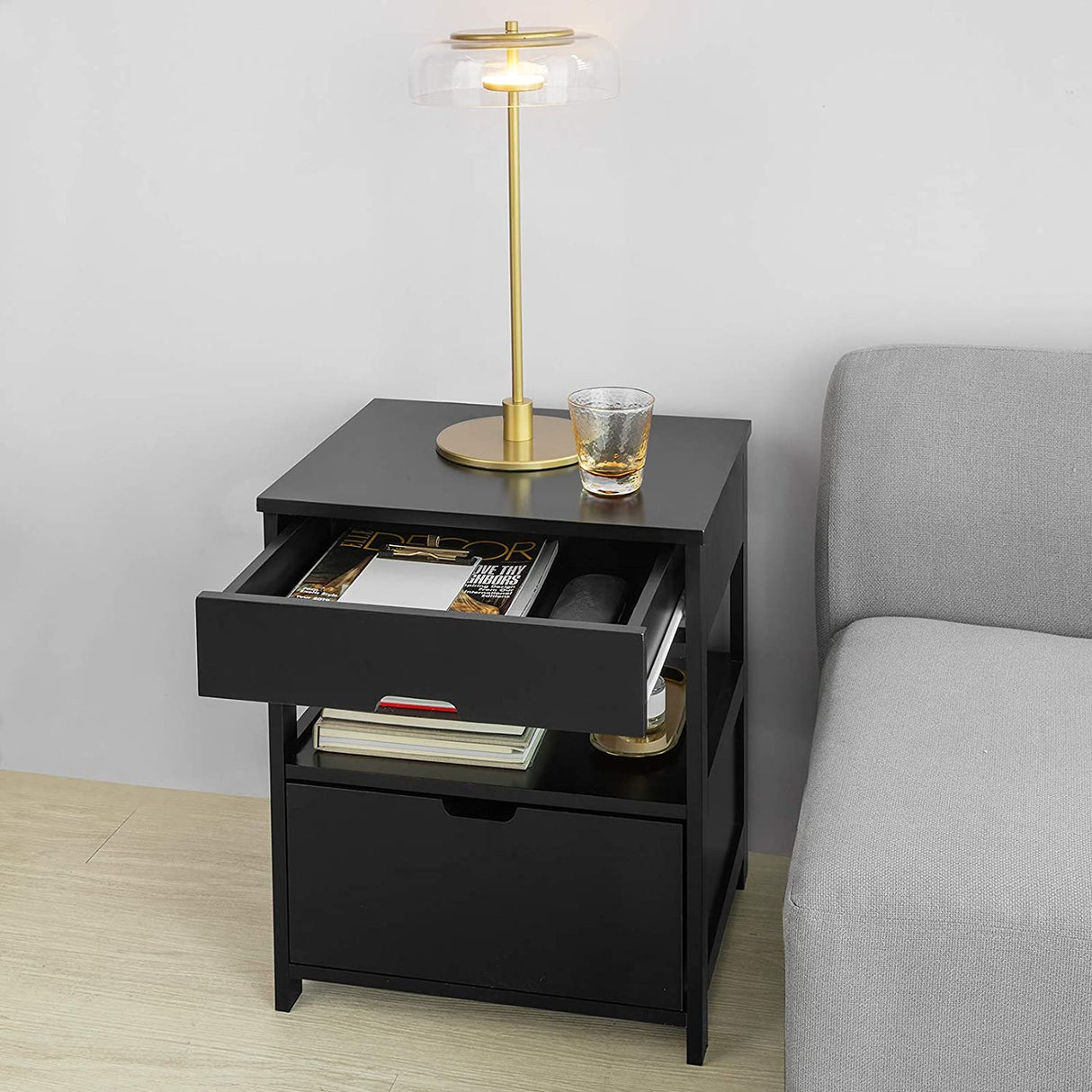 Contemporary Bedside Table with 2 Drawers and Shelf — Black and White — Allure Home Collections