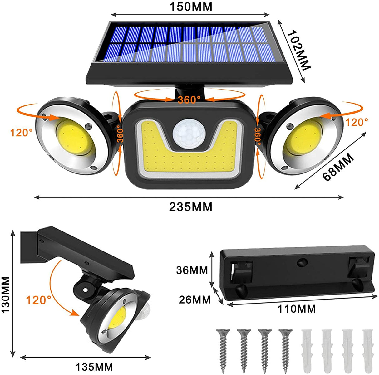 Outdoor Solar Lights with 3 Adjustable Heads Motion Sensor Porch Garden Patio — Allure Home Collections