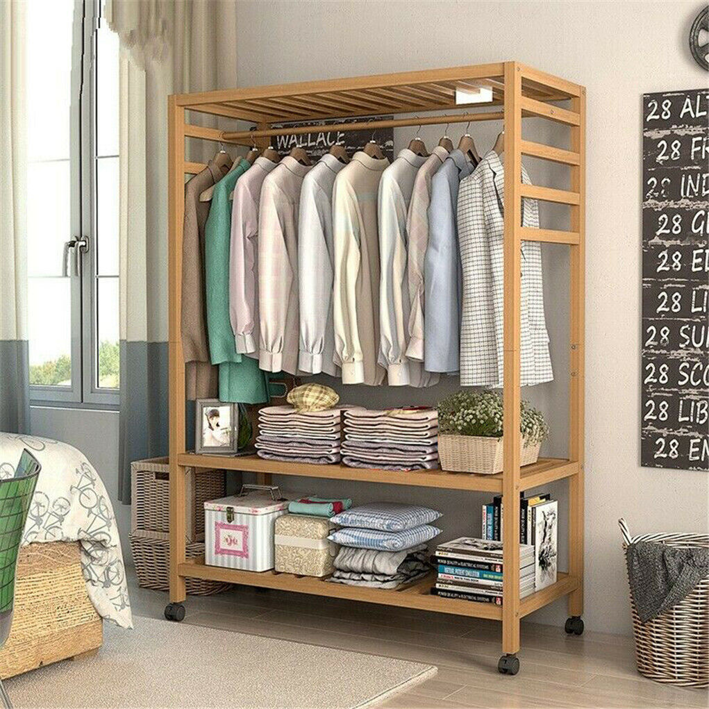 Three tier bamboo rolling clothes rack with hooks