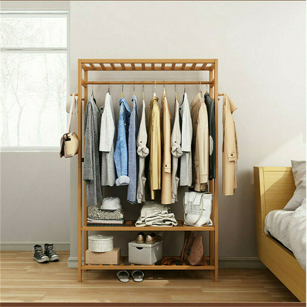 Three tier bamboo rolling clothes rack with hooks