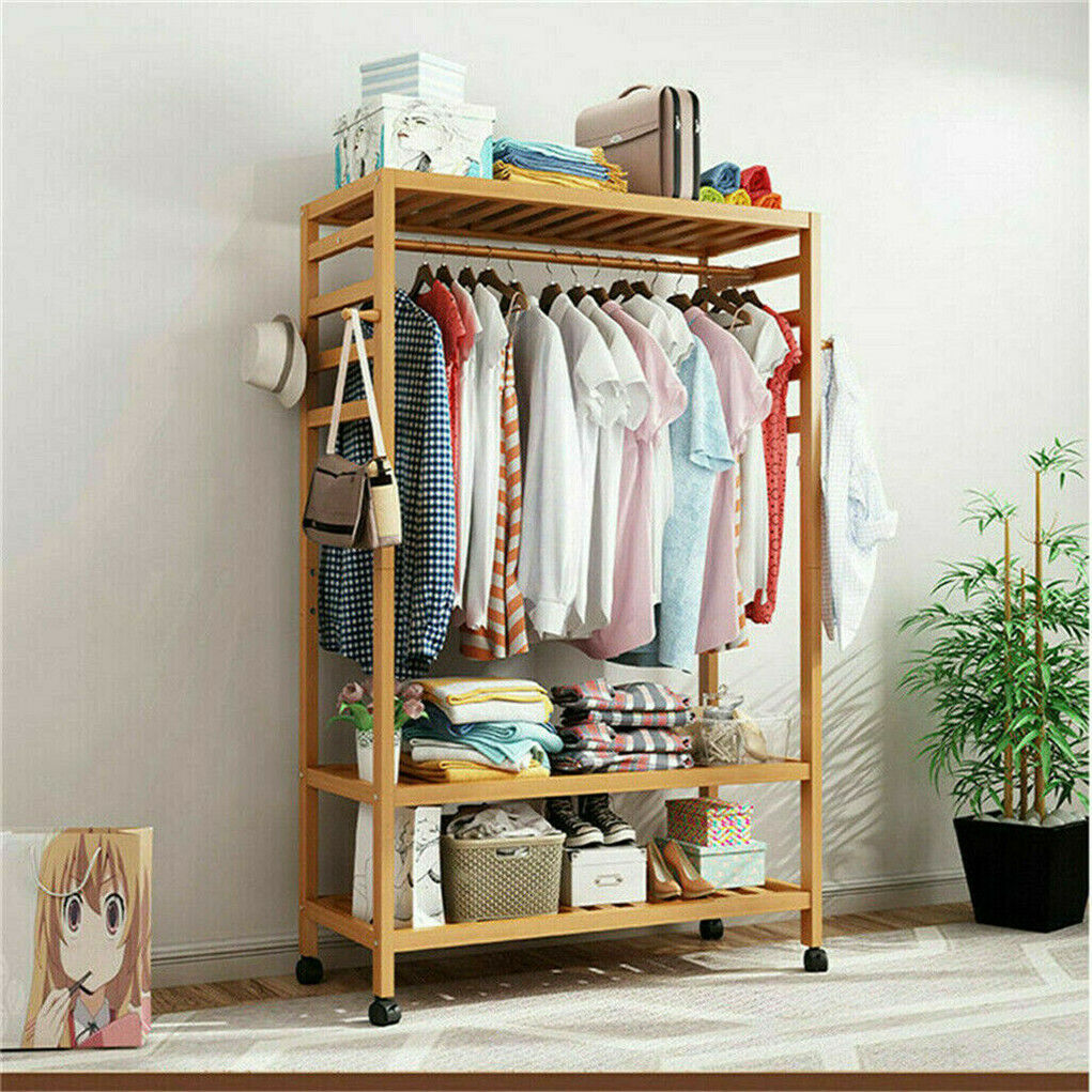 Three tier bamboo rolling clothes rack with hooks