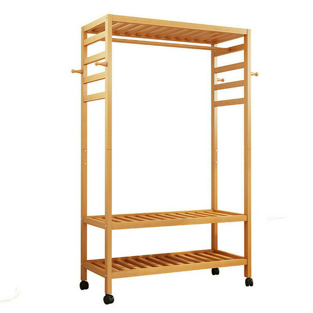 Three tier bamboo rolling clothes rack with hooks