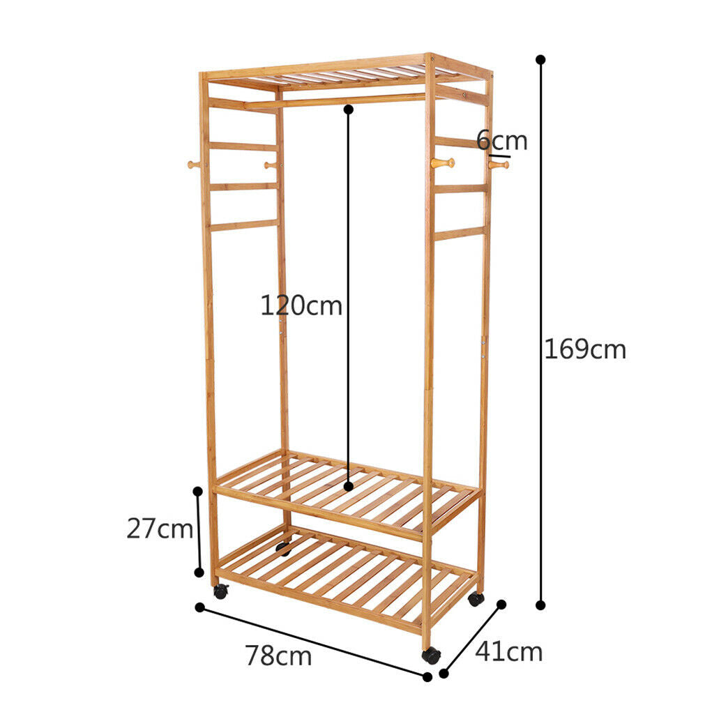 Three tier bamboo rolling clothes rack with hooks