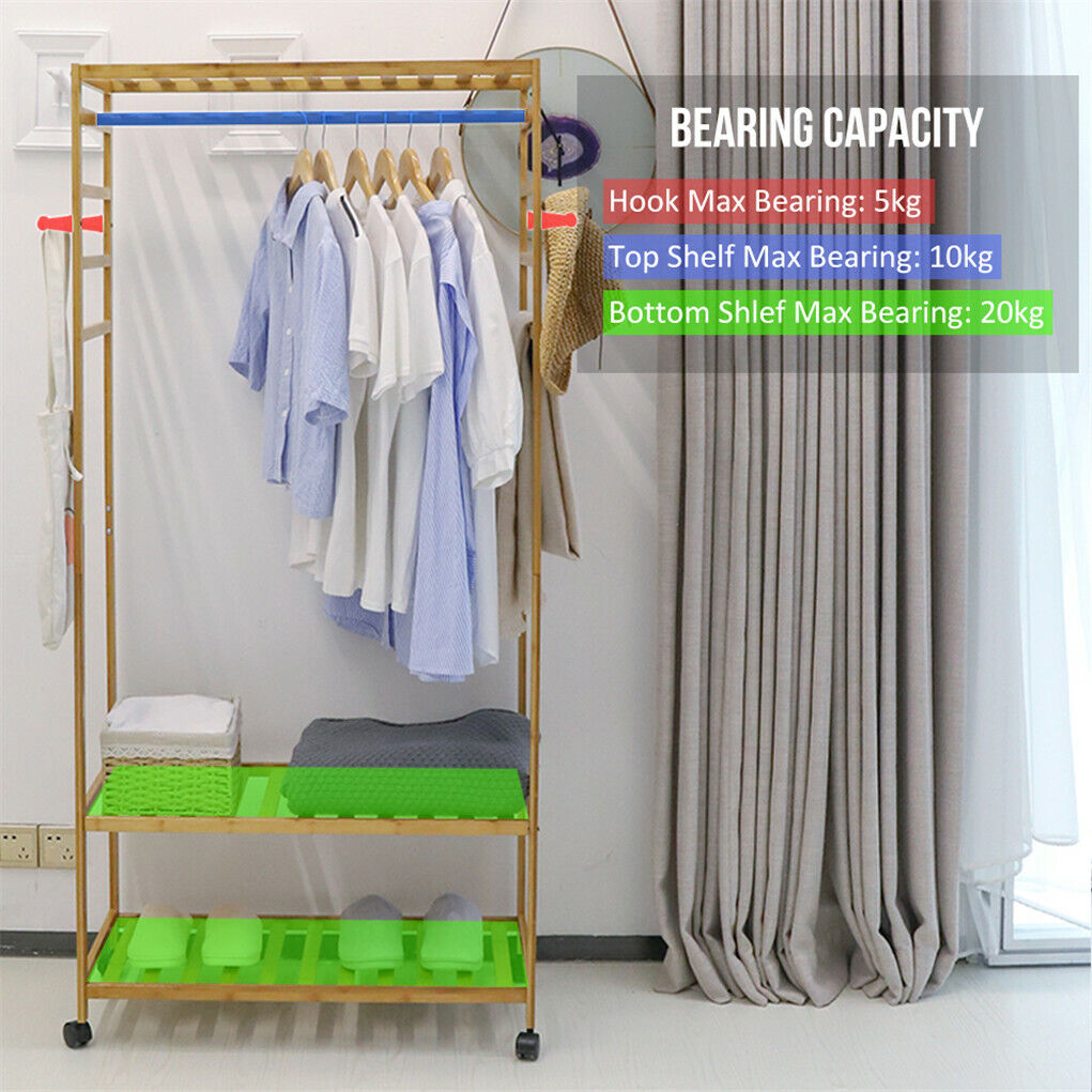 Three tier bamboo rolling clothes rack with hooks