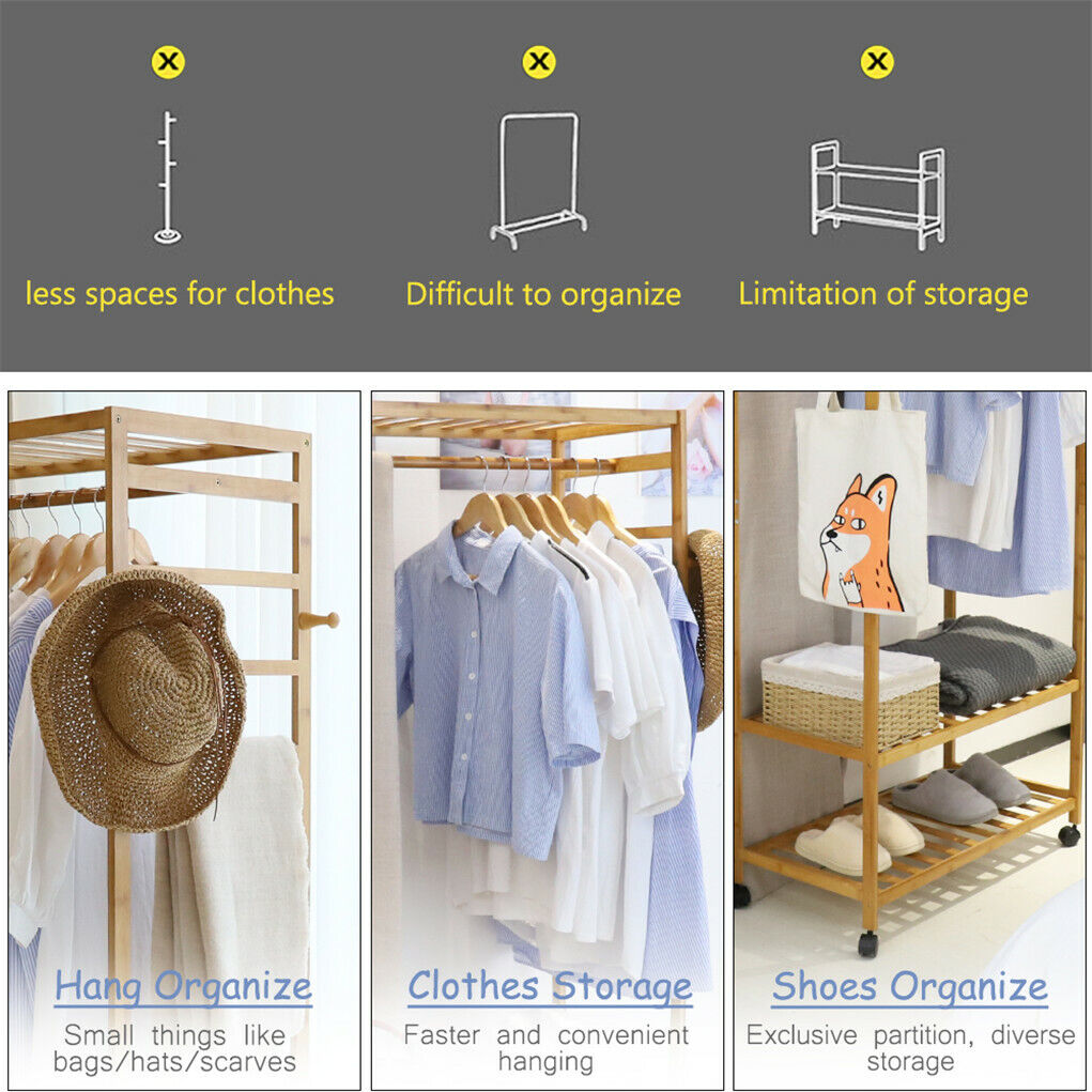 Three tier bamboo rolling clothes rack with hooks