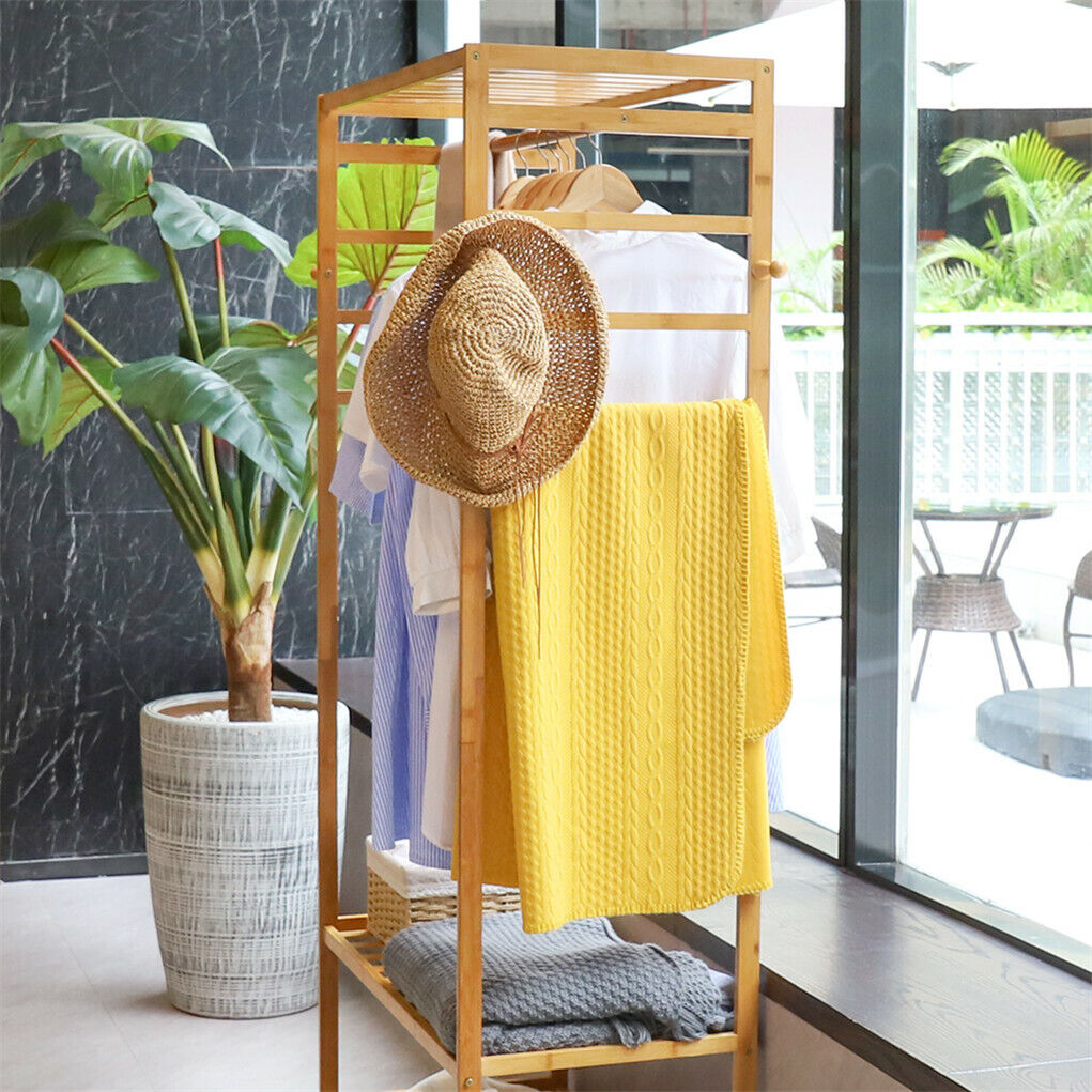 Three tier bamboo rolling clothes rack with hooks
