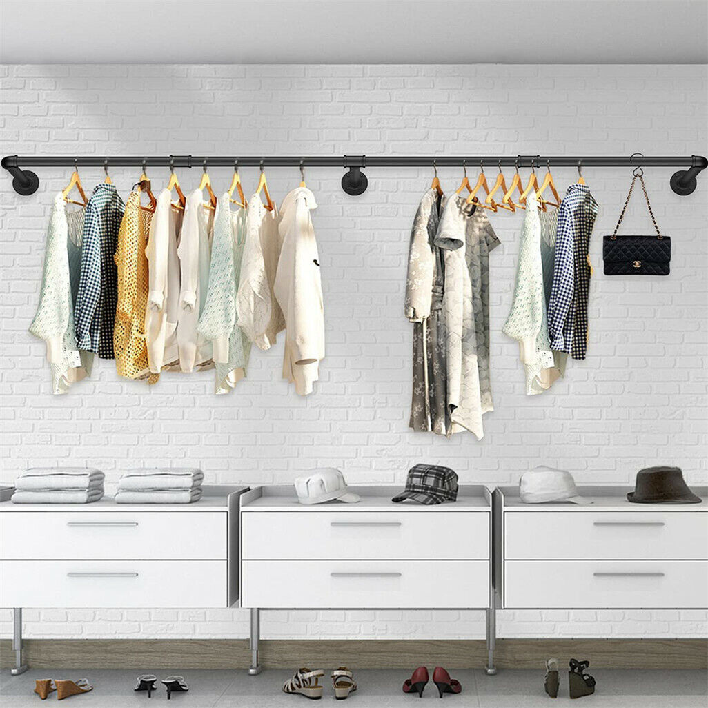 Industrial iron pipe wall mounted clothes rail with hooks