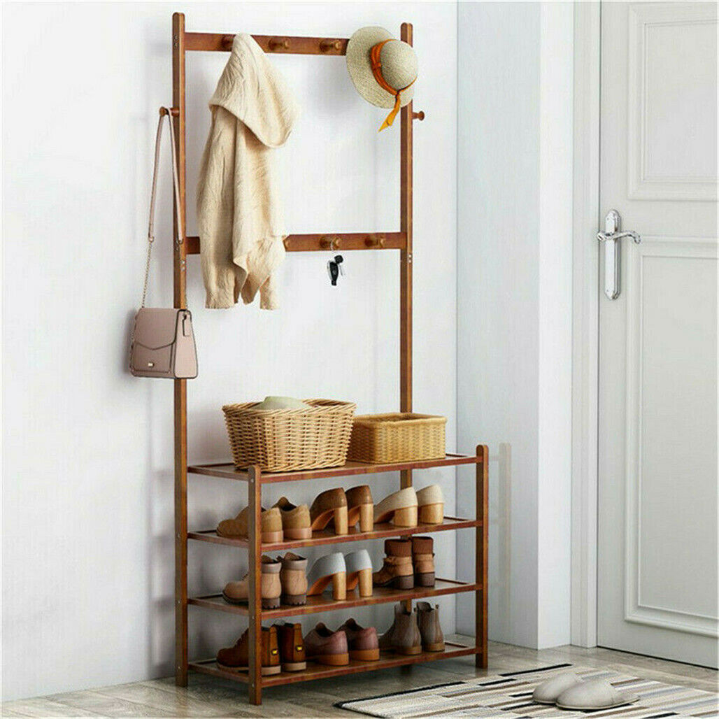 Bamboo five tier coat and shoe rack with hooks