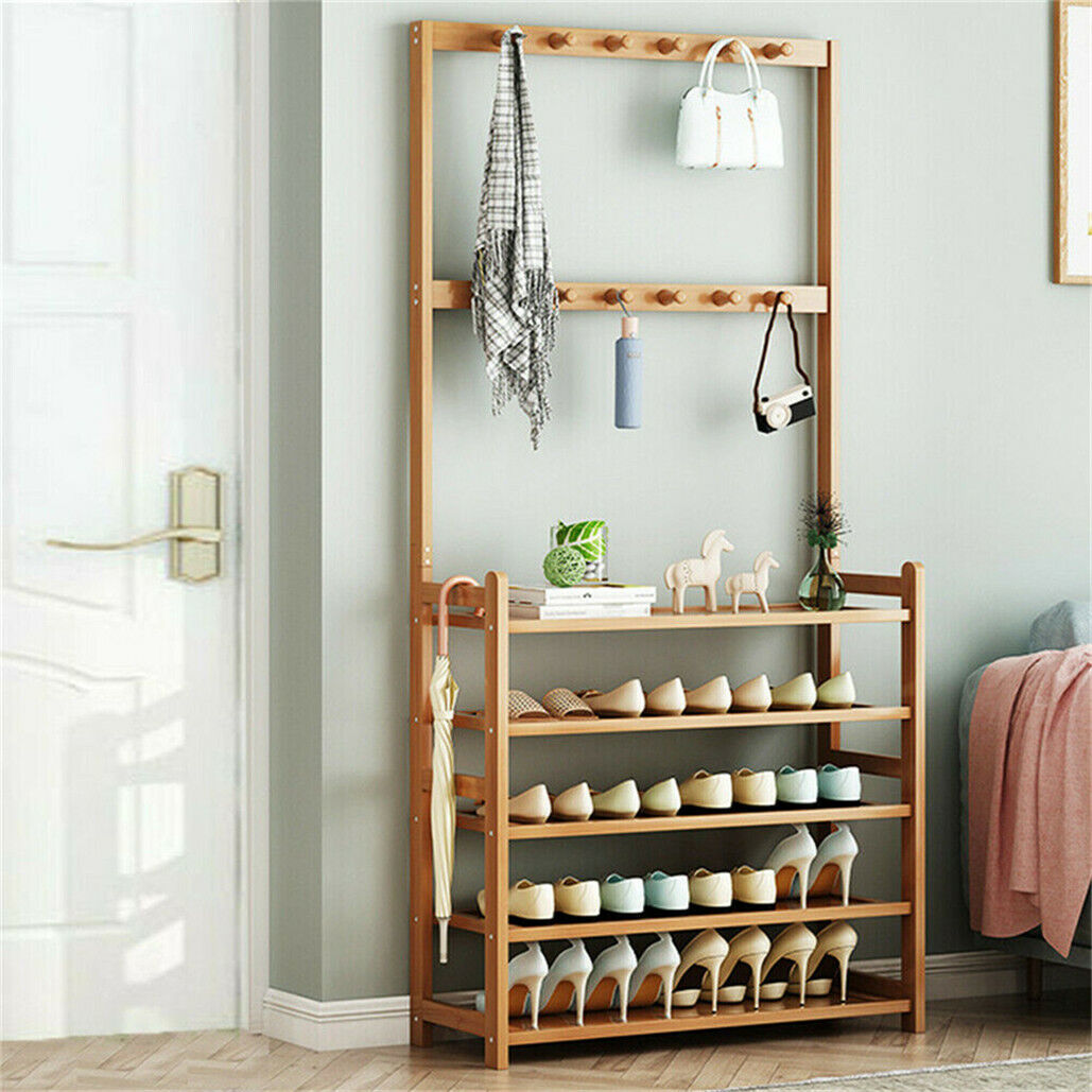 Bamboo five tier coat and shoe rack with hooks