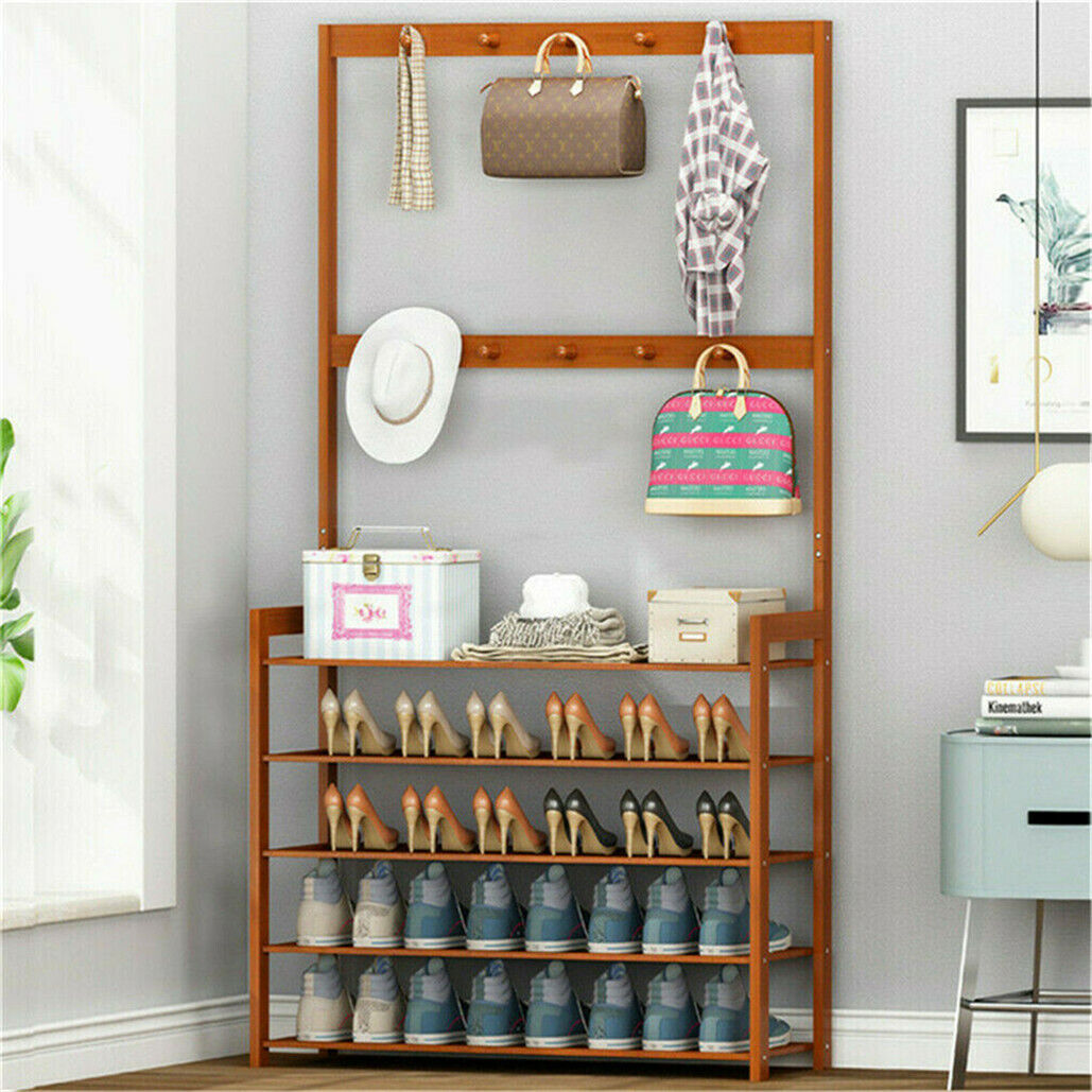 Bamboo five tier coat and shoe rack with hooks