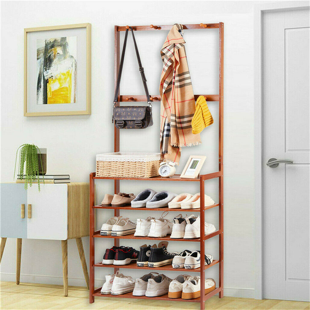 Bamboo five tier coat and shoe rack with hooks