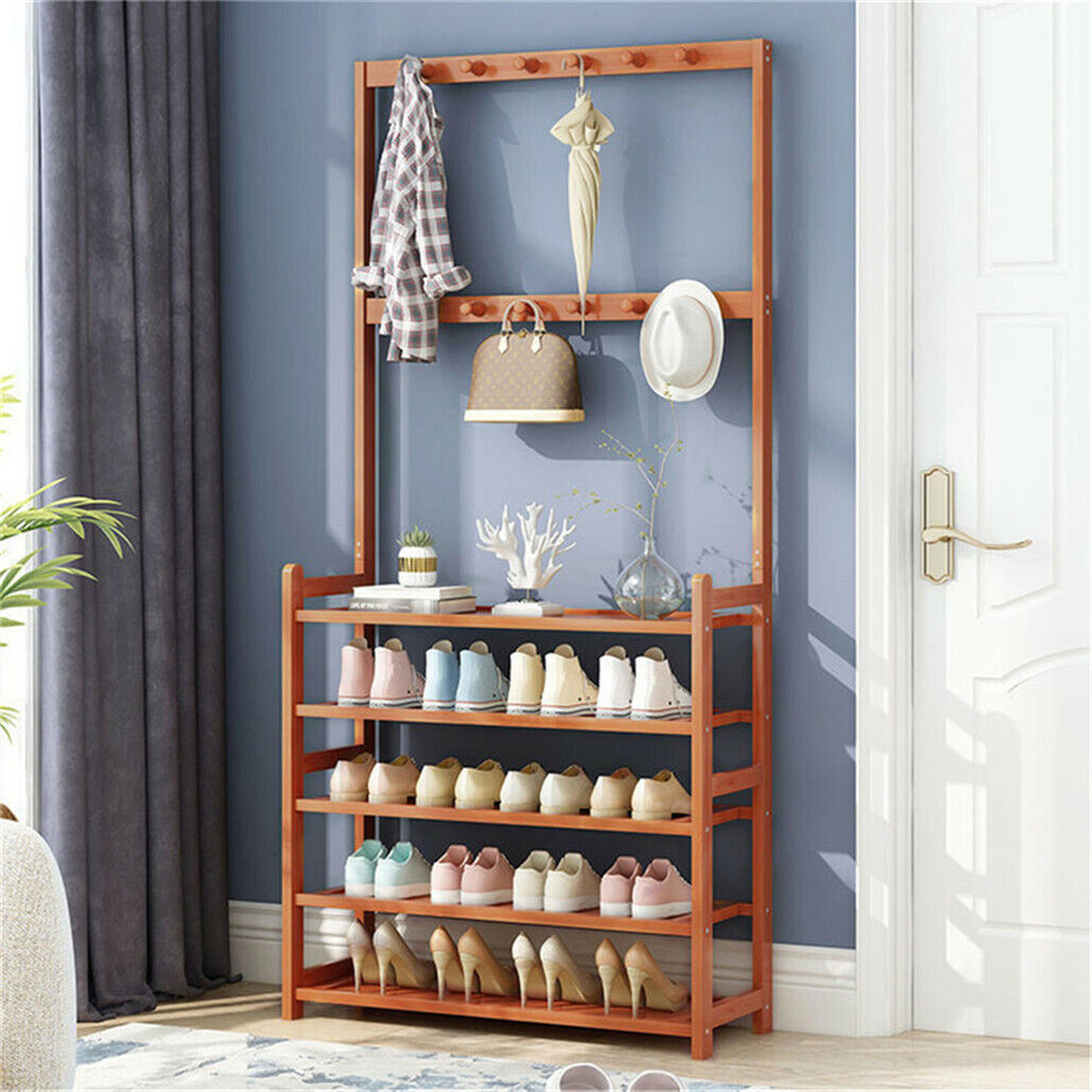 Bamboo five tier coat and shoe rack with hooks