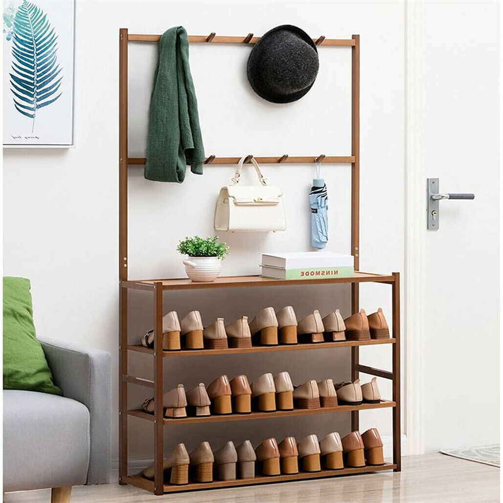 Bamboo five tier coat and shoe rack with hooks