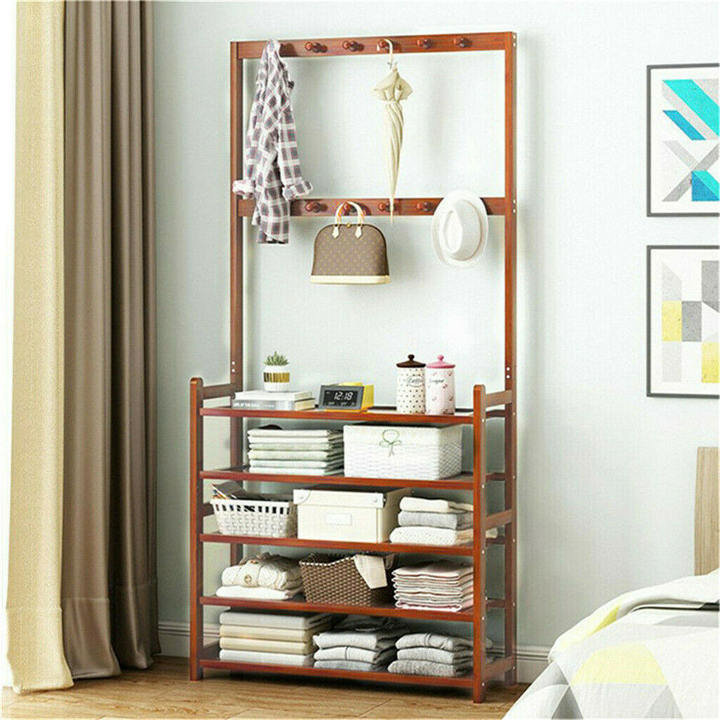 Bamboo five tier coat and shoe rack with hooks