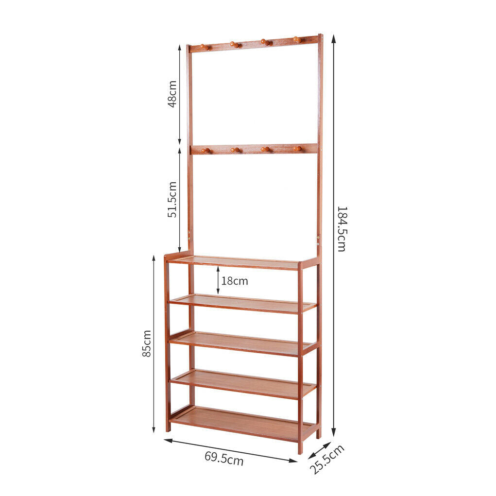 Bamboo five tier coat and shoe rack with hooks