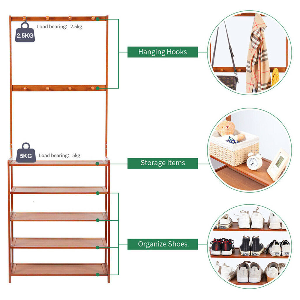 Bamboo five tier coat and shoe rack with hooks