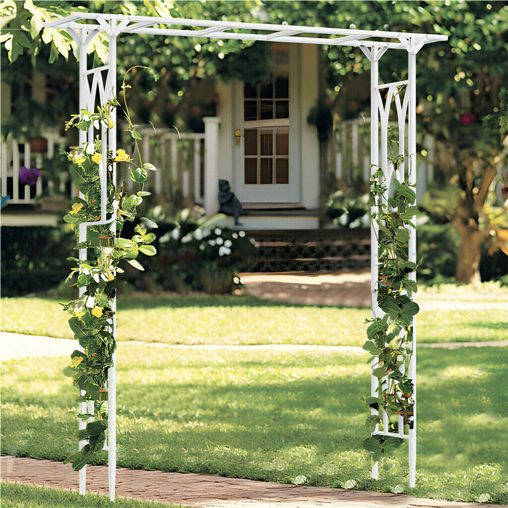 Garden arch with climbing roses trained up its side trellis panels