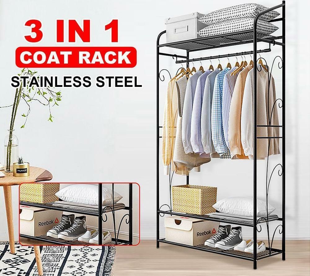 Extra large iron clothes rack with three shelves