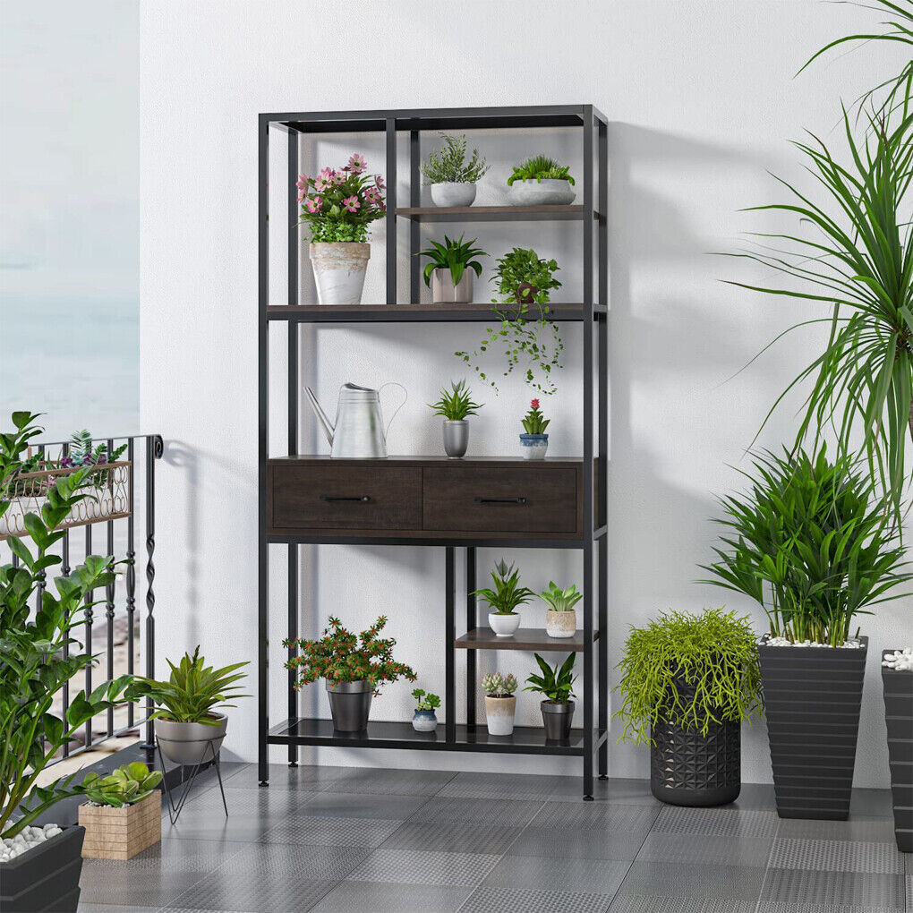 Rustic industrial storage bookshelf with two drawers