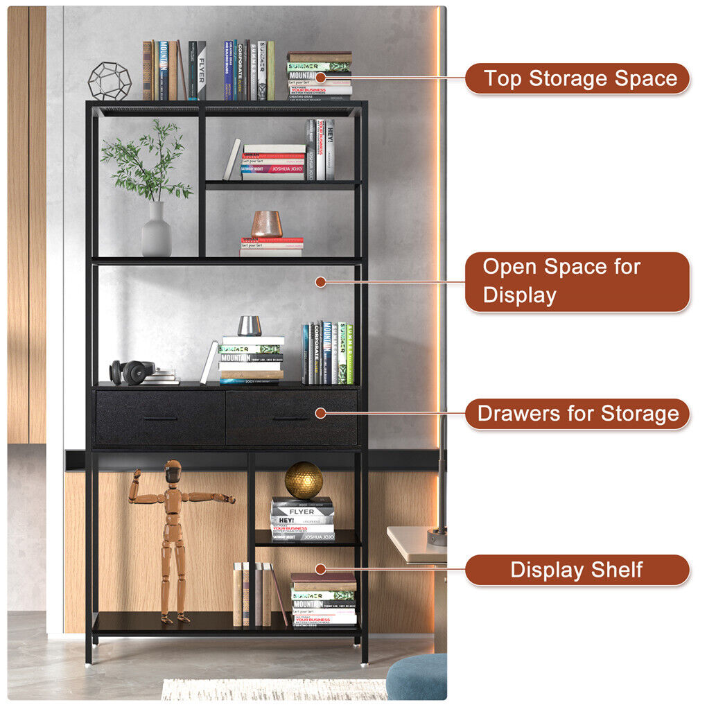 Rustic industrial storage bookshelf with two drawers