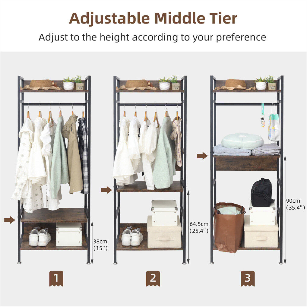 Three tier clothes rack with hanging rail and adjustable shelves