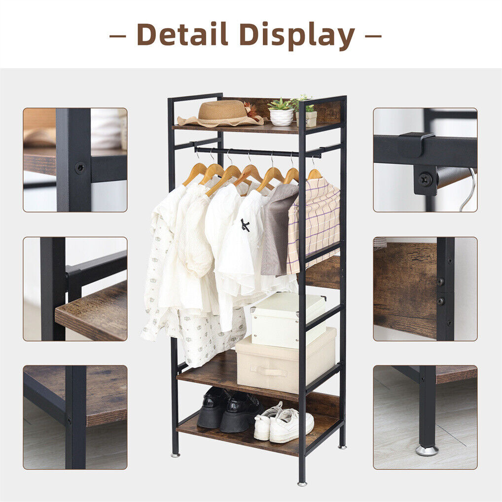 Three tier clothes rack with hanging rail and adjustable shelves