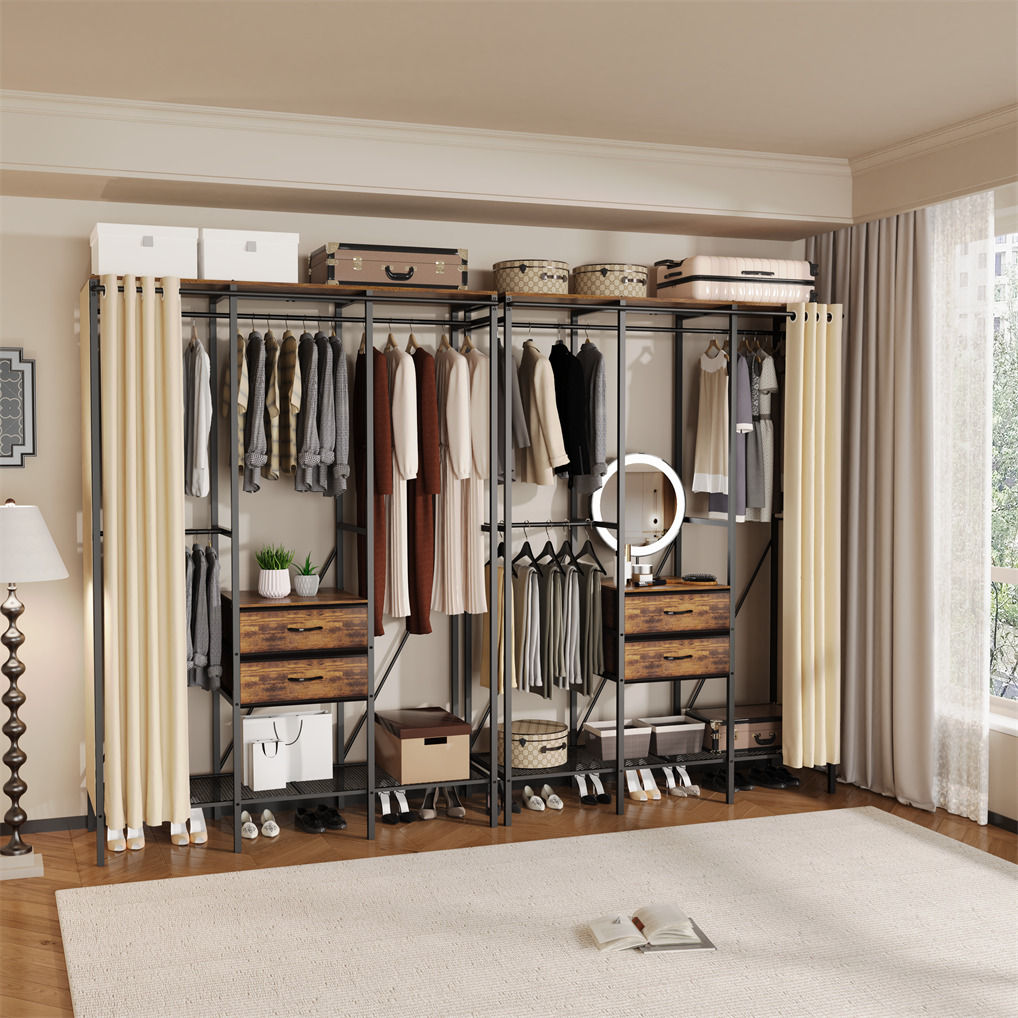 Extra large wardrobe closet with curtain cover shelves and drawers