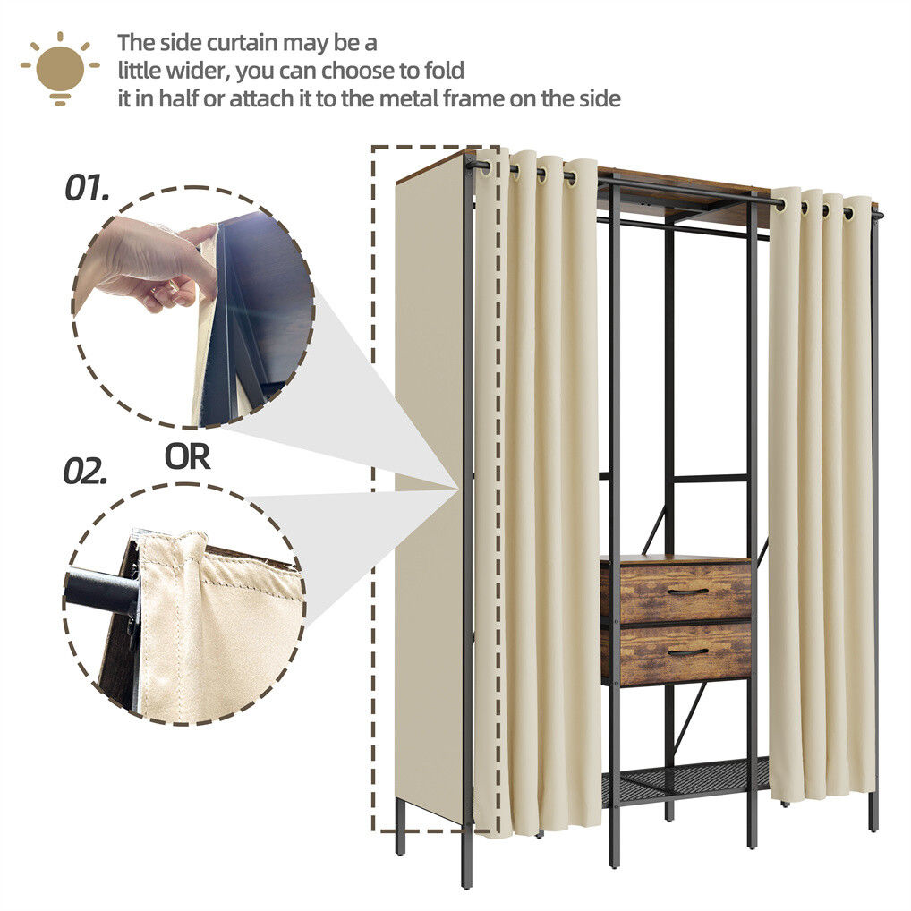 Extra large wardrobe closet with curtain cover shelves and drawers