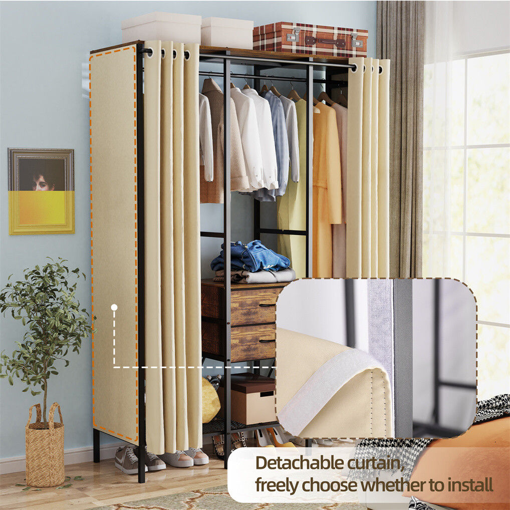 Extra large wardrobe closet with curtain cover shelves and drawers