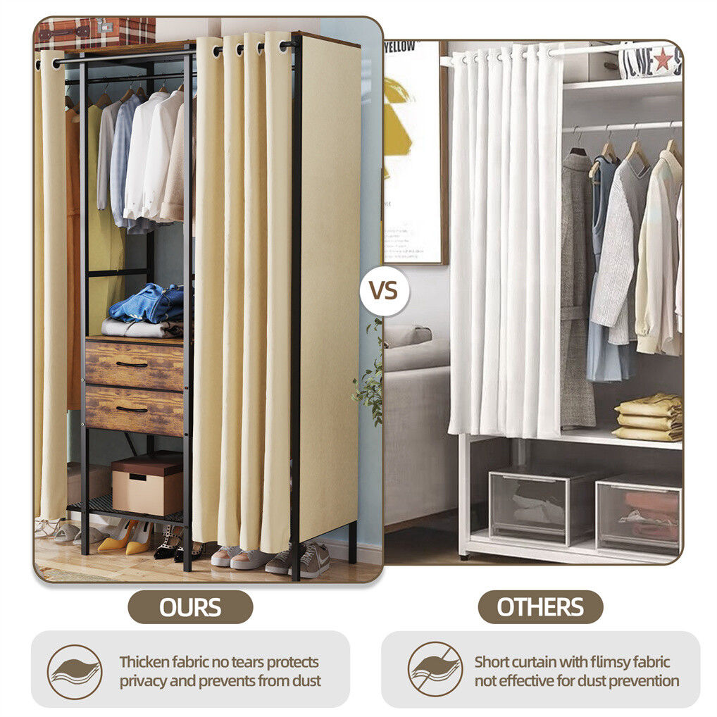 Extra large wardrobe closet with curtain cover shelves and drawers