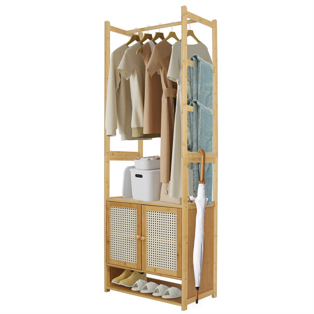 Bamboo clothes rack and coat stand with storage cabinet