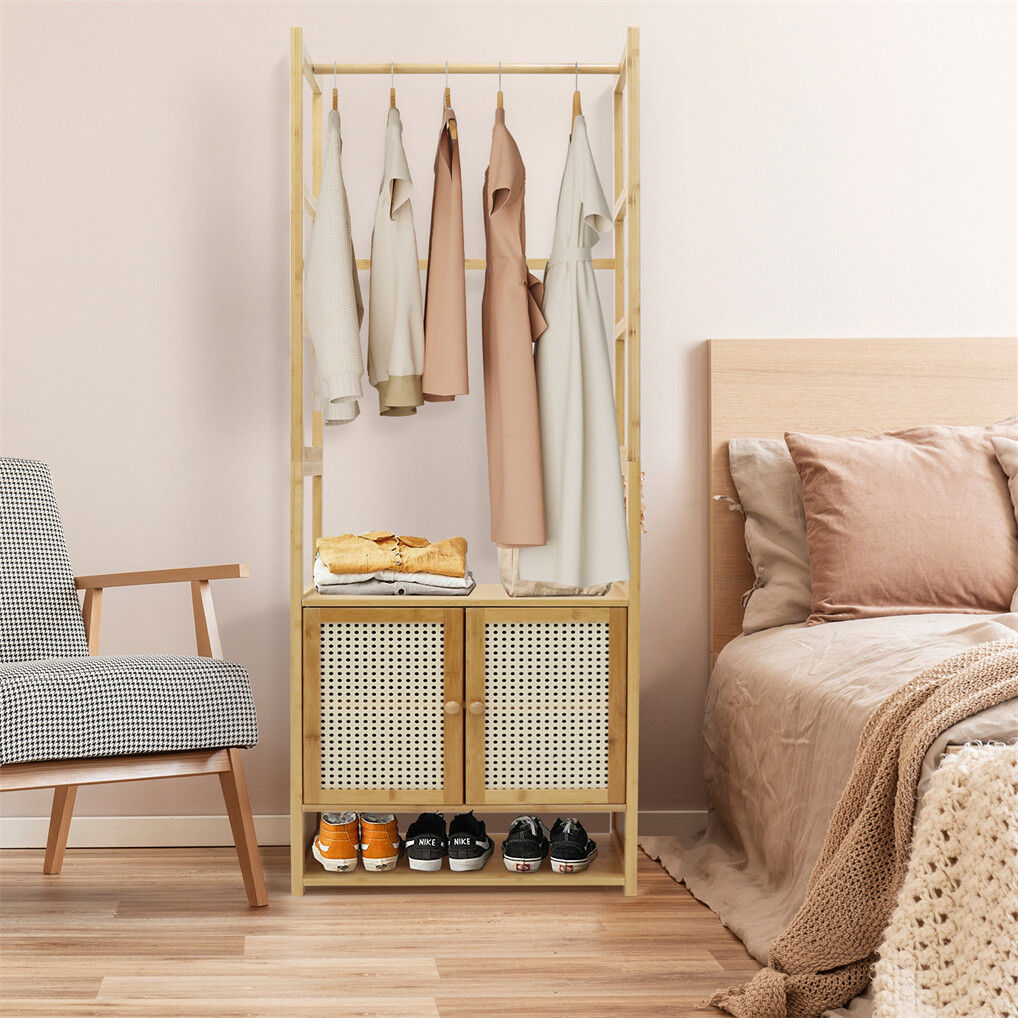 Bamboo clothes rack and coat stand with storage cabinet