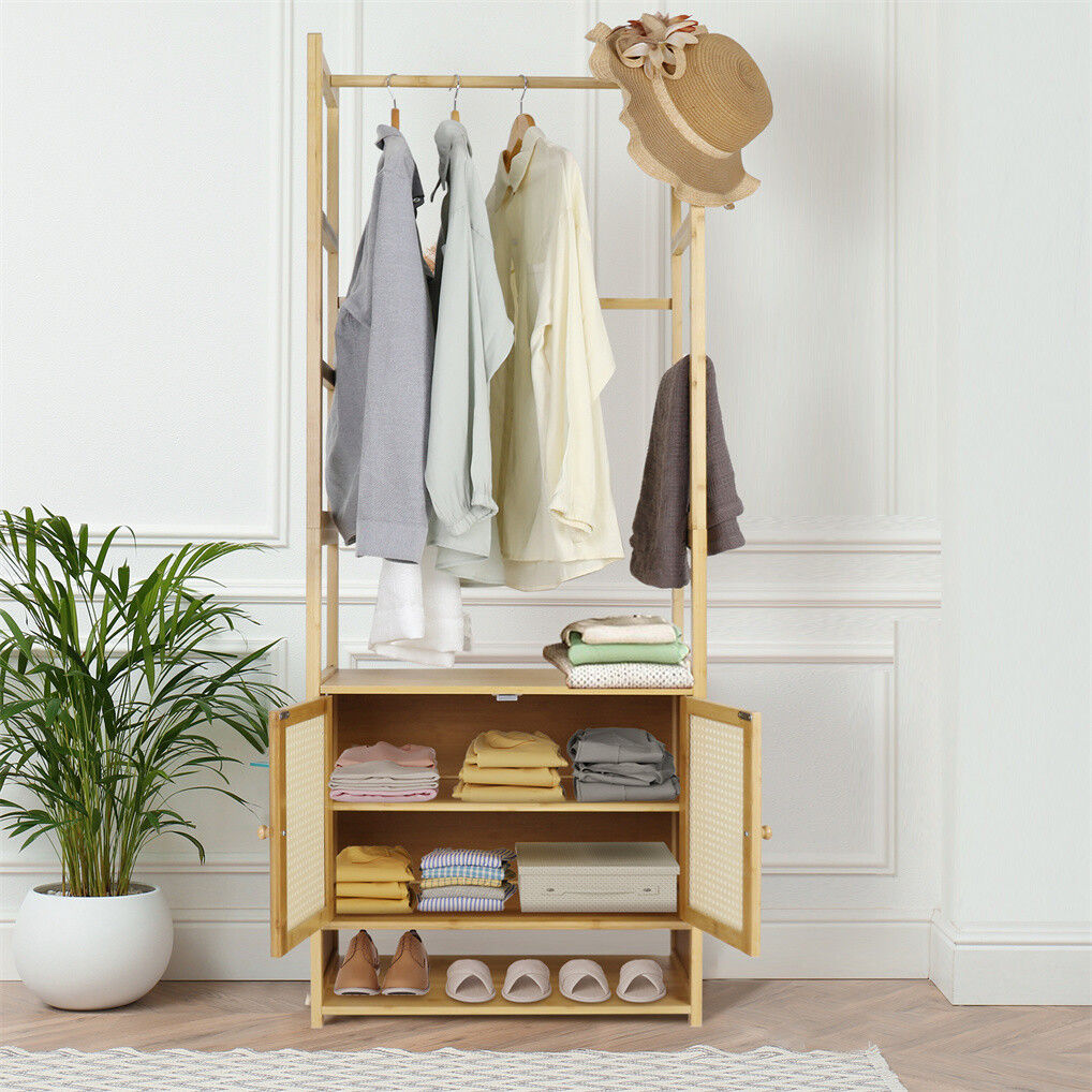 Bamboo clothes rack and coat stand with storage cabinet