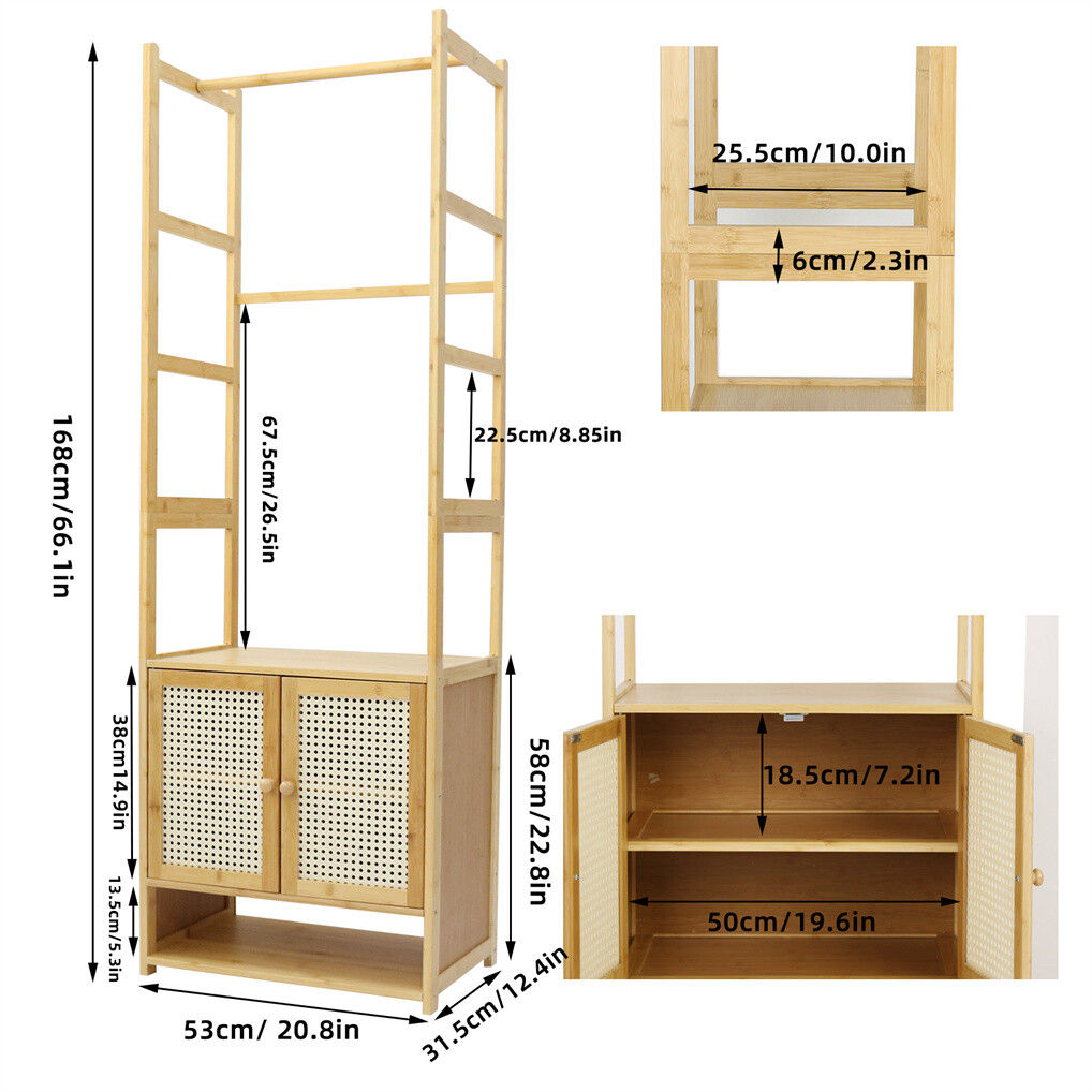 Bamboo clothes rack and coat stand with storage cabinet