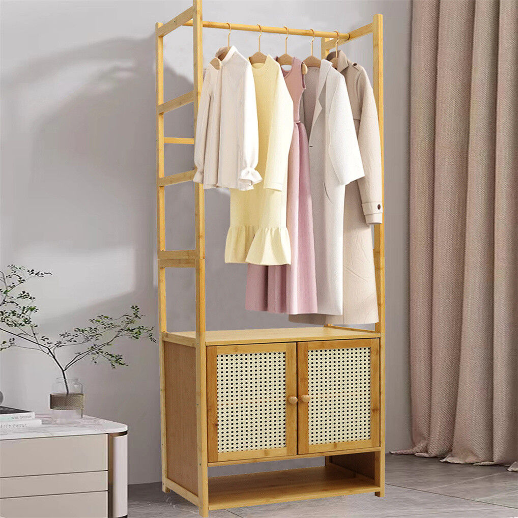 Bamboo clothes rack and coat stand with storage cabinet