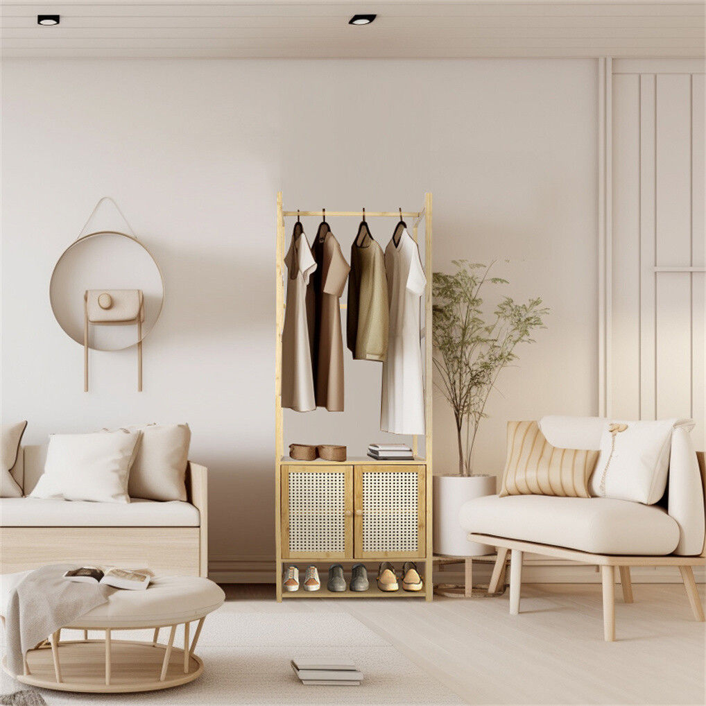 Bamboo clothes rack and coat stand with storage cabinet