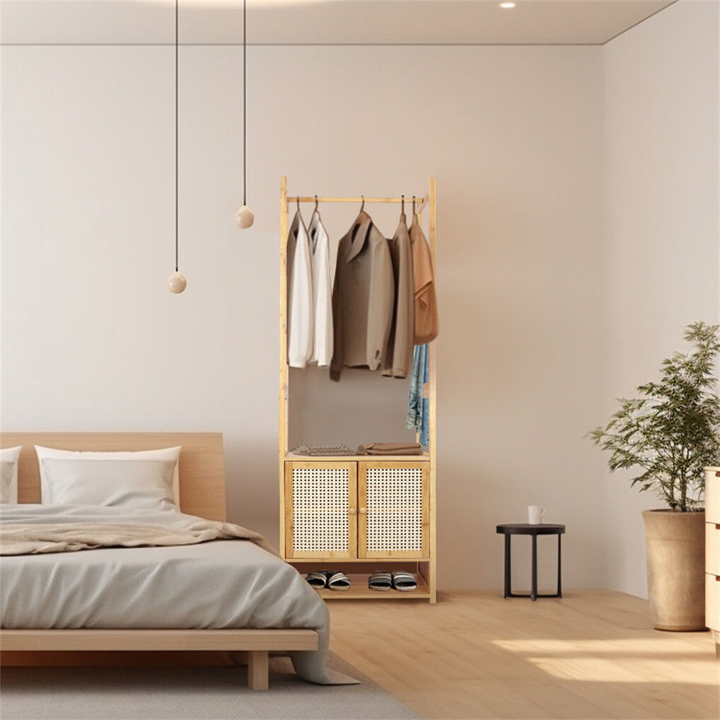 Bamboo clothes rack and coat stand with storage cabinet
