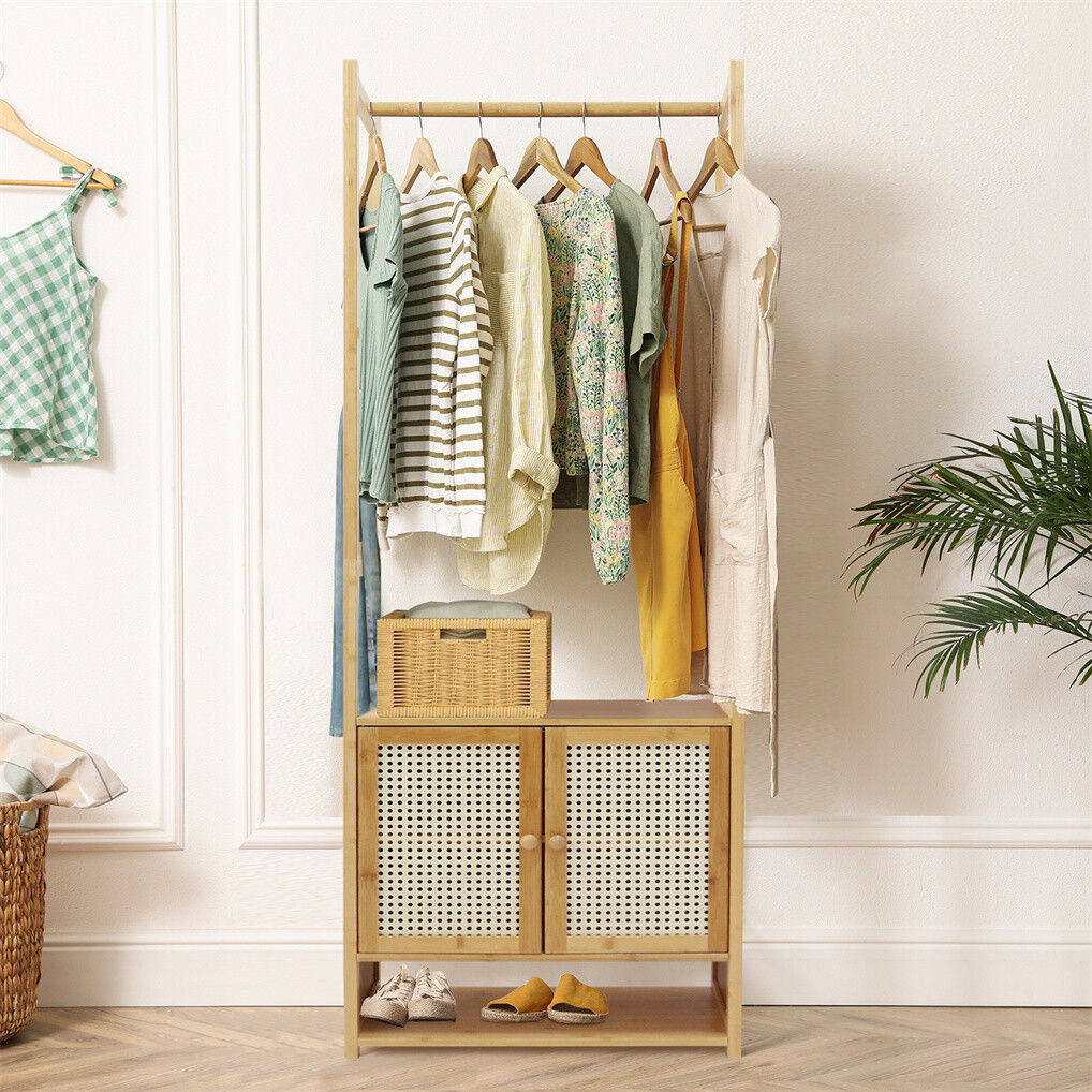 Bamboo clothes rack and coat stand with storage cabinet