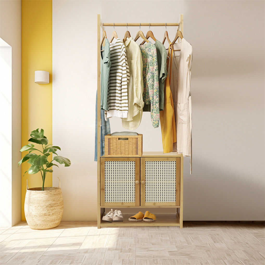 Bamboo clothes rack and coat stand with storage cabinet